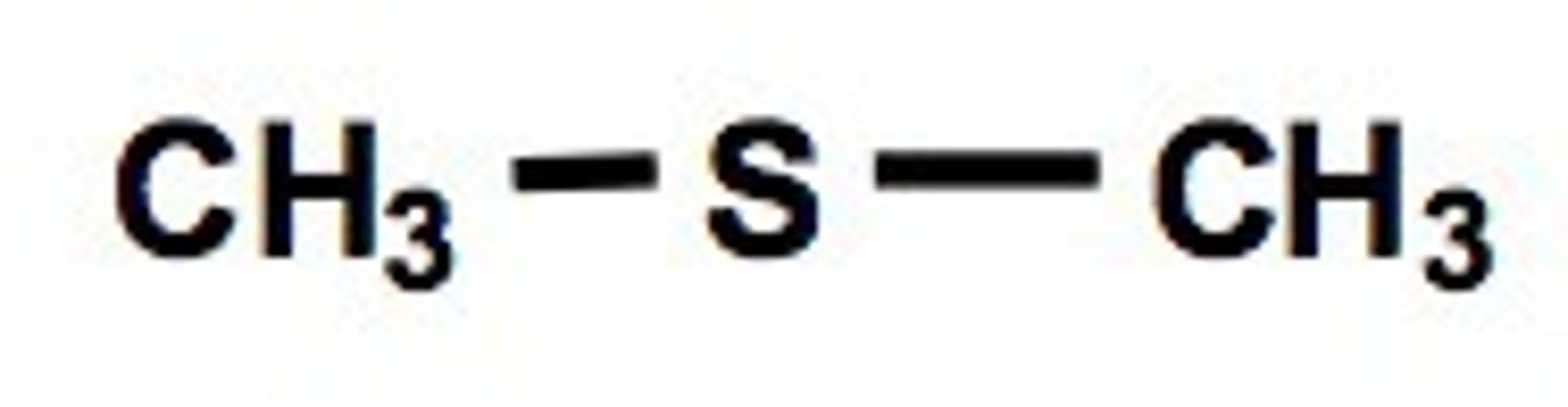 <p>Alkylthio group (single bonds w/ S) [R-S-R]</p><p>- "add sulfide"</p><p>(ex. dimethyl sulfide)</p>