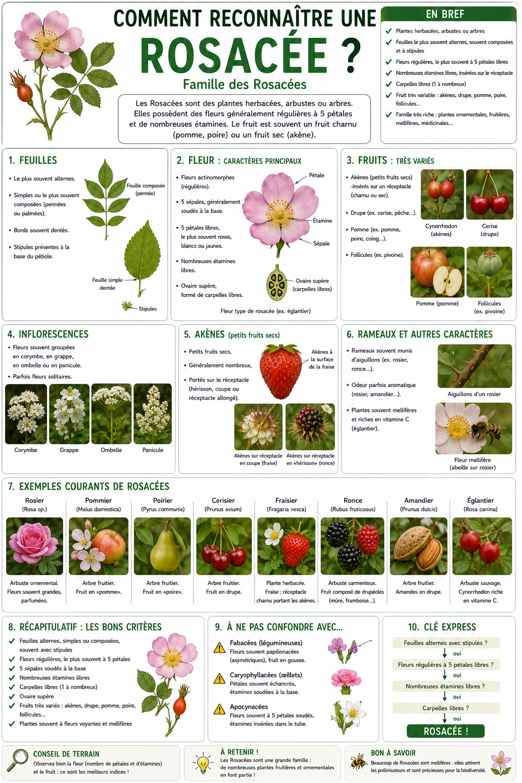 <p>Les Rosaceae sont une famille très importante avec des caractères floraux clés. Les feuilles sont alternes, avec stipules, souvent dentées, parfois composées.</p><p>La fleur est pentamère, généralement actinomorphe, avec 5 sépales, 5 pétales libres et de nombreuses étamines (>10).</p><p>Le point crucial est la présence d’un hypanthium (réceptacle en forme de coupe entourant les pièces florales).</p><p>Le gynécée est variable (ovaire supère ou infère selon les groupes).</p><p>Les fruits sont très divers : drupe (cerise), pomme, akènes (fraise).</p><p>Résumé : 5 pétales + nombreuses étamines + hypanthium = Rosaceae.</p>