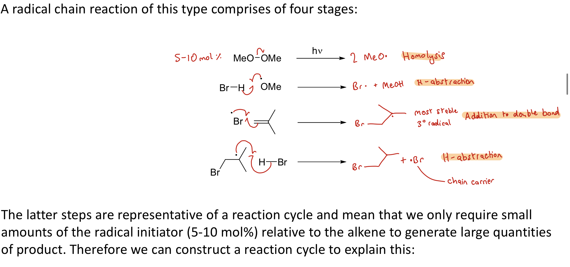 <p><strong>Homolysis</strong> (formation of the radicals)</p><p><strong>H-abstraction</strong></p><p><strong>Addition to double bond</strong> (of free radical to other structure to form most stable radical)</p><p><strong>H-abstraction</strong></p><p>Latter steps representative of a reaction cycle so only require small amounts of the radical initiator to generate lots of product. Can present this reaction in a reaction cycle.</p>