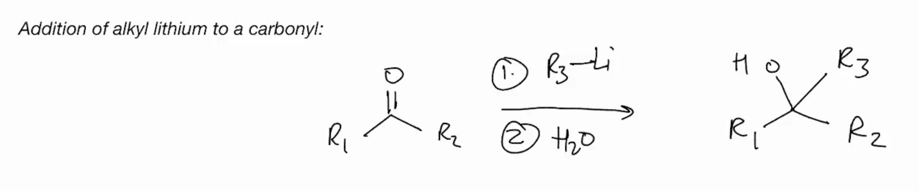 <p>Addition of alkyl lithium to a carbonyl & Grignard addition</p>