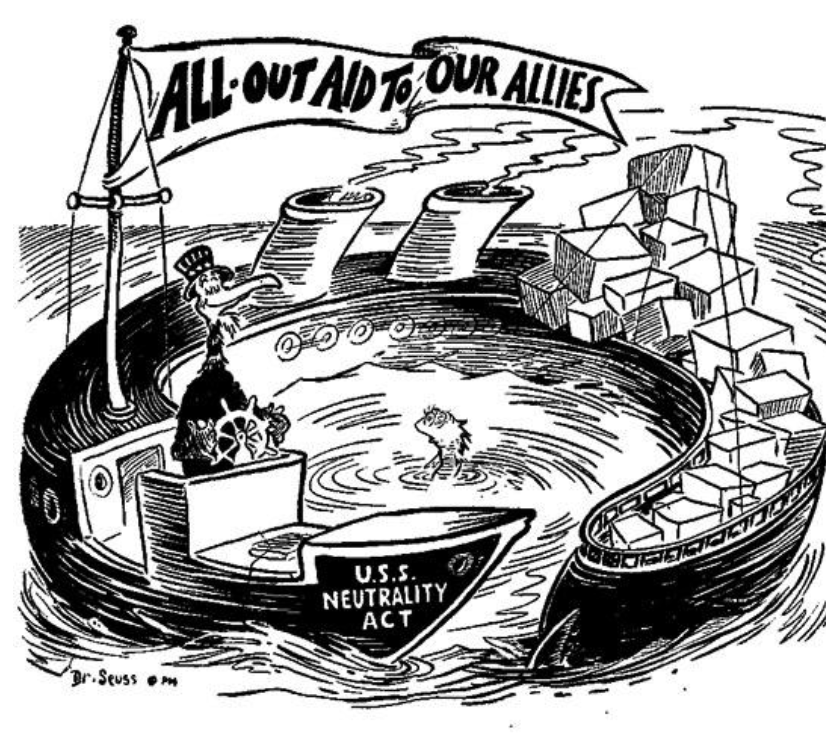 <p>What is the main message of this cartoon?</p><p></p><p>A. U.S. neutrality policies are effective and protective<br>B. The U.S. should avoid helping any other countries<br>C. Neutrality is dangerous and the U.S. should aid its allies<br>D. The U.S. should support the Axis powers</p>