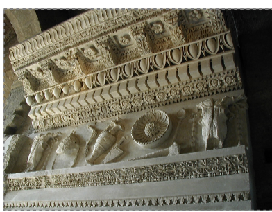 <p>Sculptural reliefs showing items to sacrifice</p><p>Ornamentation</p><ul><li><p>egg &amp; dart</p></li><li><p>Dentils</p></li><li><p>Beed &amp; reel</p></li><li><p>Acanthus leaves</p></li></ul><p></p><p></p>