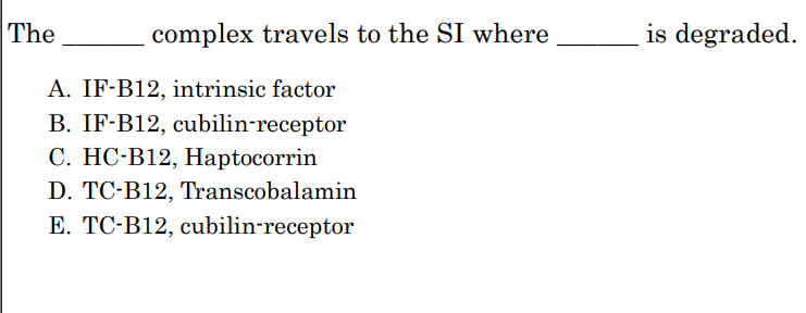 <p>The ______ complex travels to the SI where ______ is degraded</p>