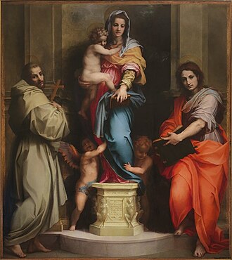 <p><strong>Andrea del Sarto, <em>Madonna of the Harpies</em>, 1517</strong></p><ul><li><p><em>harpies: </em>half-human and half-bird creatures - personification of the storm winds</p></li><li><p>forces of evil being trampled on by the virgin</p></li></ul><p><strong>Subject</strong></p><ul><li><p>Virgin and child with Saint Bonaventure or Frnacis and Saint John the Evangelist</p><ul><li><p>St John is writing his profecies</p></li><li><p><span>St Francis in place of San Bonaventura</span></p><ul><li><p><span>Rising up towards the East, he is believed to have taken with him the salvific symbol of God, the tau, the cross</span></p></li></ul></li></ul></li><li><p>pedsatal with locusts that are described in <span>St John the Evangelist’s </span><em>Apocalypse</em></p></li></ul><p></p>