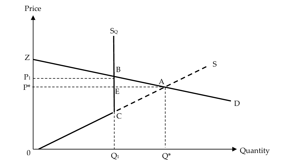<p><strong>consumer surplus</strong></p><ul><li><p>consumer surplus decreases from area ZAP* to the area ZBP1</p></li><li><p>the imposition of the quota causes a reduction of consumer surplus by the area P1BAP*</p></li></ul><p><strong>producer surplus</strong></p><ul><li><p>producer surplus may increase or decrease depending on whether the rise in area P1BEP* is greater or less than the fall in area EAC → dependent on PED and PES respectively</p></li><li><p>the more price inelastic the demand, the greater the gain in producer surplus (area P1BEP*), and the more price elastic the supply, the smaller the loss in producer surplus (area EAC)</p><ul><li><p>given demand is price elastic and supply is price inelastic, the gain in producer surplus (area P1BEP*) is less than the loss in producer surplus (area EAC) ⇒ producer surplus decreases</p></li></ul></li></ul><p><strong>final effect on society’s welfare</strong></p><ul><li><p>equivalent to the sum of the changes in the producer and consumer surplus</p></li><li><p>although the area P1BEP* is lost by the consumers, it is transferred to the producers</p></li><li><p>the overall deadweight loss to society is area ABC</p></li></ul><p></p>