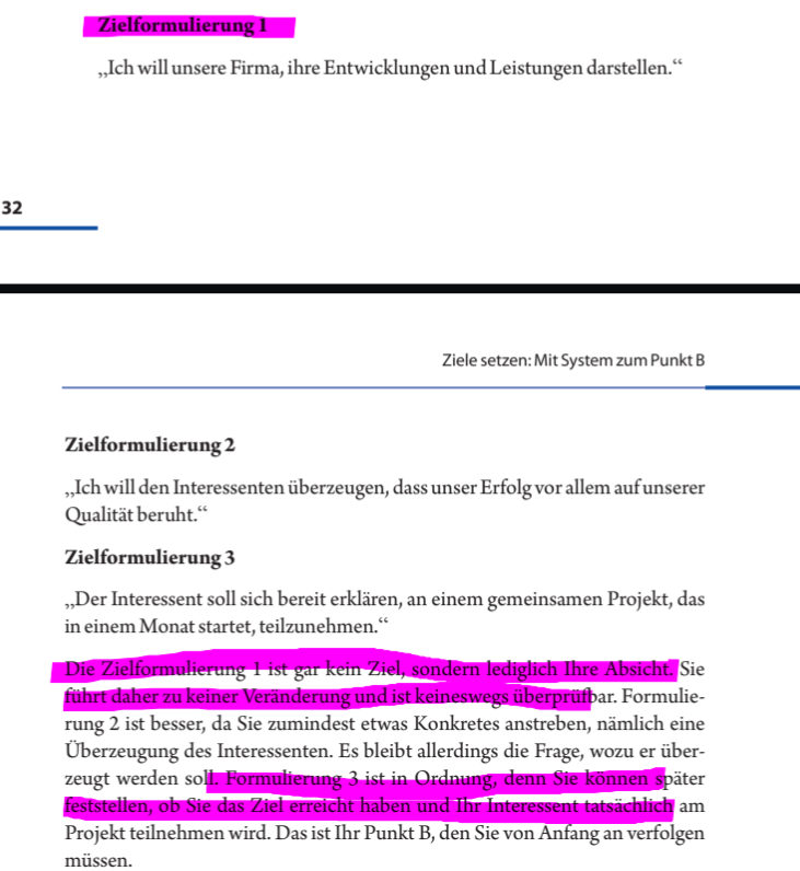 <p><strong>:</strong> Ein Ziel ist eine geplante und <span style="background-color: yellow;">überprüfbare Veränderung</span> bei der Zielgruppe. Es unterscheidet sich von einer bloßen Absicht dadurch, dass es ein konkretes Ergebnis am <strong>Punkt B</strong> fixiert, welches am <span style="background-color: yellow;">Ende der Präsentation messbar</span> ist.</p><p class="MsoNormal"><strong>Die Systematik der Zielformulierung</strong></p><ul><li><p><strong>Die Kernfrage:</strong> „Was soll das Ergebnis meiner Präsentation oder meines Vortrags sein?“</p></li><li><p><strong>Der Zwangssatz:</strong> Zur Planung muss zwingend folgender Satz ergänzt werden: <strong>„Ich will mit meiner Präsentation erreichen, dass …“</strong></p></li><li><p><strong>Funktion:</strong> Diese Formulierung zwingt den Präsentator, bereits vor der Ausarbeitung an ein konkretes Ergebnis zu denken.</p></li></ul><p class="MsoNormal"><strong>Abgrenzung: Absicht vs. Ziel (Identifikation)</strong></p><ul><li><p><strong>Die Absicht (Tätigkeitsfokus):</strong></p><ul><li><p>Beschreibt lediglich das Vorhaben des Präsentators.</p></li><li><p>Beispiel: „Ich will unsere Firma, ihre Entwicklungen und Leistungen darstellen.“</p></li><li><p><strong>Urteil:</strong> Kein Ziel! Führt zu keiner Veränderung bei den Zuhörern und ist nicht überprüfbar.</p></li></ul></li><li><p><strong>Das Ziel (Ergebnisfokus):</strong></p><ul><li><p>Beschreibt den angestrebten Zustand beim Publikum (<strong>Punkt B</strong>).</p></li><li><p>Beispiel: „Der Interessent soll sich bereit erklären, an einem gemeinsamen Projekt, das in einem Monat startet, teilzunehmen.“</p></li><li><p><strong>Urteil:</strong> Korrektes <span style="background-color: yellow;">Ziel! Es ist überprüfbar</span>, ob der Interessent tatsächlich teilnimmt.</p></li></ul></li></ul><p></p>