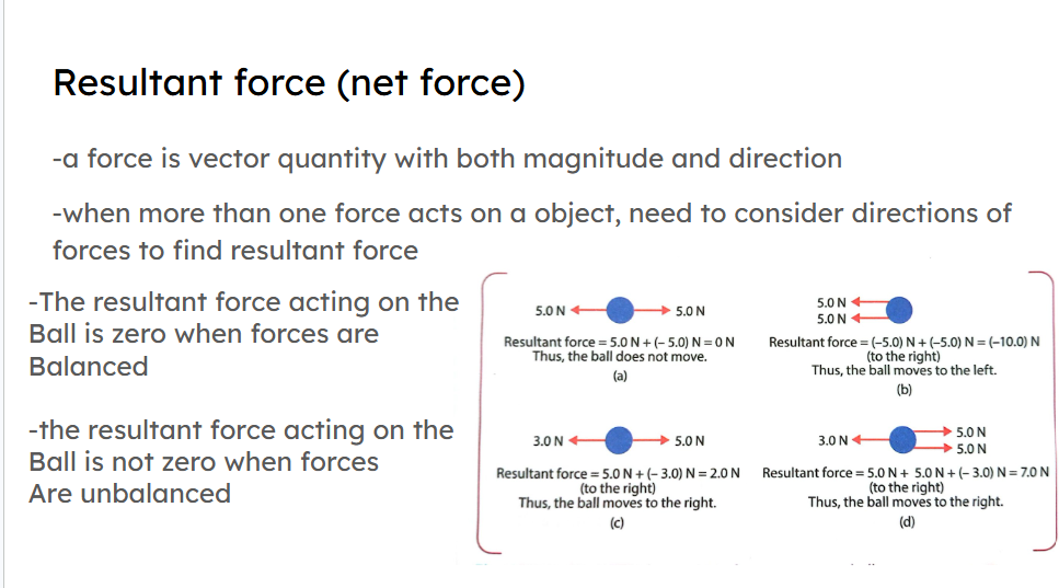 <p>forces are balanced —> resultant force is zero </p>