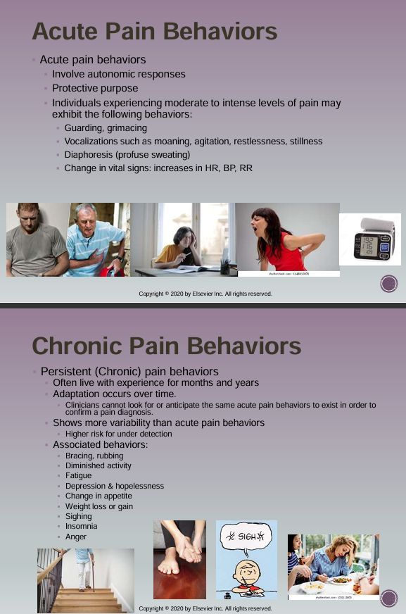 <p>Acute Behaviors: Intense</p><ul><li><p>Guarding, grimacing</p></li><li><p>Vocalizations such as moaning, agitation, restlessness, stillness</p></li><li><p>Diaphoresis (profuse sweating)</p></li><li><p>Change in vital signs: Increases in HR, BP, RR</p></li></ul><p>Chronic Behaviors: </p><ul><li><p>Bracing, rubbing</p></li><li><p>Diminished activity</p></li><li><p>Fatigue</p></li><li><p>Depression &amp; hopelessness</p></li><li><p>Change in appetite</p></li><li><p>Weight loss or gain</p></li><li><p>Sighing </p></li><li><p>Insomnia</p></li><li><p>Anger</p></li></ul><p></p>