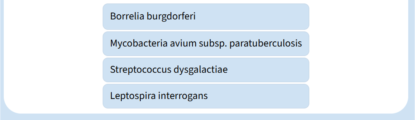 <p><span>An eight-year old of female dog had fever, vomiting, anorexic and depressed conditions. The dog had increased liver enzyme activity and BUN and creatinine clearly, showing the hepatic and renal dysfunction. The veterinarian ordered the microscopic agglutination test (MAT) for a suspected pathogen species and found the antibody titer of that dog was 1:200 for suspected the pathogen. What could be the pathogen that veterinarian requested the MAT test for?</span></p>