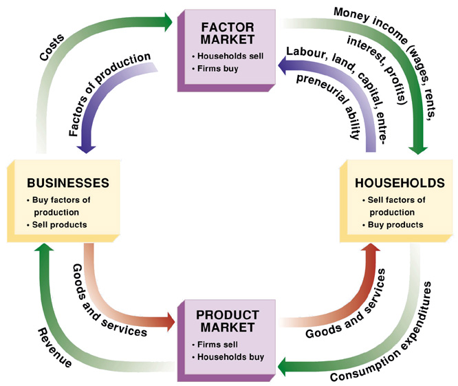 <p>an illustration showing the flow of <em>resources</em> from <em>households</em> to <em>firms</em> and of products from firms to households</p><p>these flows are accompanied by reverse flows of <em>money</em> from firms to households and from households to firms</p><ul><li><p>households</p></li><li><p>business/firms</p></li></ul><p></p>