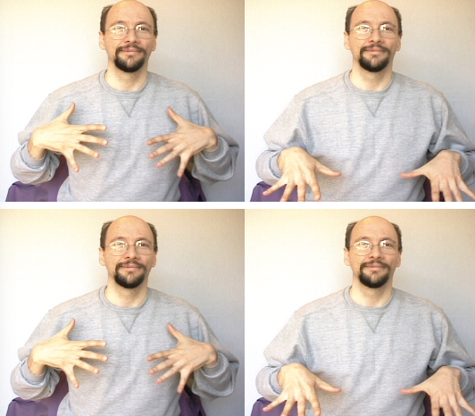<p>make five with hands thumbs rub down on chest twice</p>