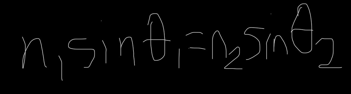 <p>where</p><p>n1 = index of refraction of medium 1</p><p>theta 1 = angle of light in medium 1</p><p>n2 = index of refraction of medium 2</p><p>theta 2 = angle of light in medium 2 </p><p></p>