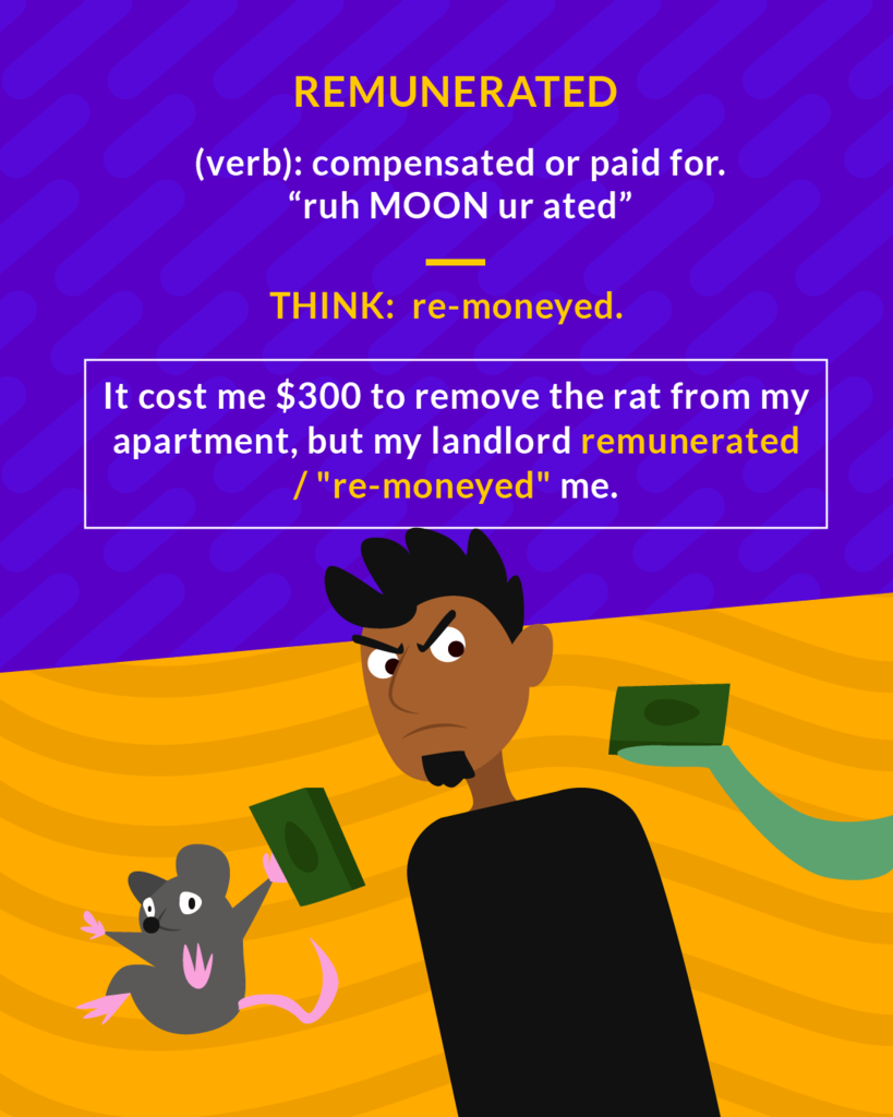 <p>(verb) pay (someone) for services rendered or work done</p><p>(verb) compensated or paid for</p>