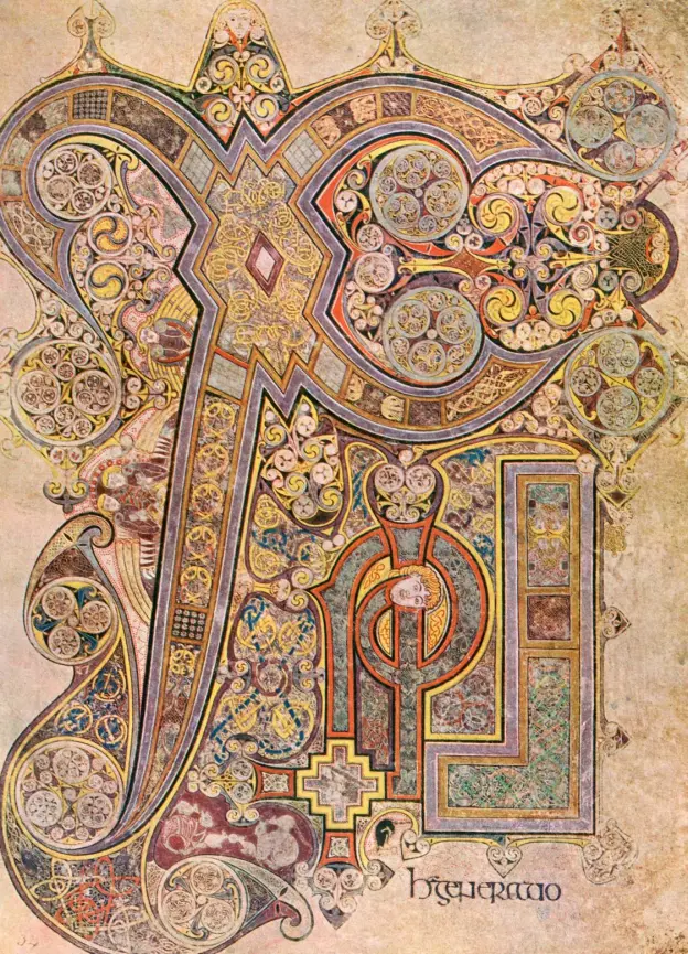 <p>Book of Kells (11.1), Hiberno-Saxon manuscript; intricate interlacing and abstraction.</p>