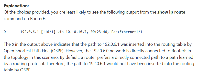 <p><span>&nbsp;192.0.6.1 [110/1] via 10.10.10.7, 00:23:40, FastEthernet1/1</span></p>