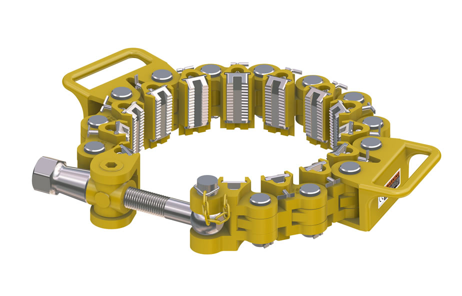 <p>Details: Multi-link wrap clamp tightened via an adjusting screw box to catch flush-joint or slick drill collars before they slip into the hole.</p>