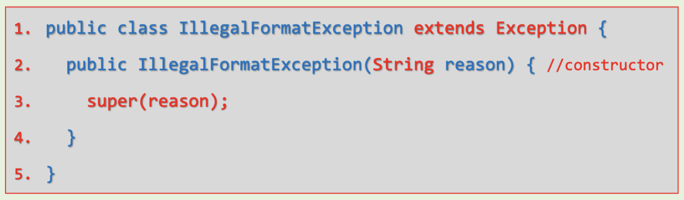 <ul><li><p>It must extend Exception class</p></li><li><p>It should have at least one constructor</p></li><li><p>The constructor should have an argument of String type</p><ul><li><p>The string is used to signify the reason for the exception</p></li></ul></li><li><p>In the constructor, just call the constructor of the super-class</p></li></ul><p></p>