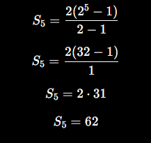 <p>Somar os 5 primeiros termos da PG:</p><p>2, 4, 8, 16, 32</p><p>Dados:</p><ul><li><p>a1=2</p></li><li><p>q=2</p></li><li><p>n=5</p></li></ul><p>Aplicando:</p>