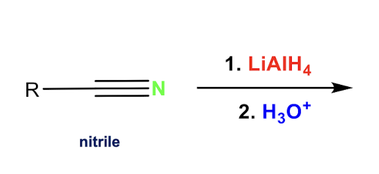<p>Nitrile + LiAlH4 ————></p>
