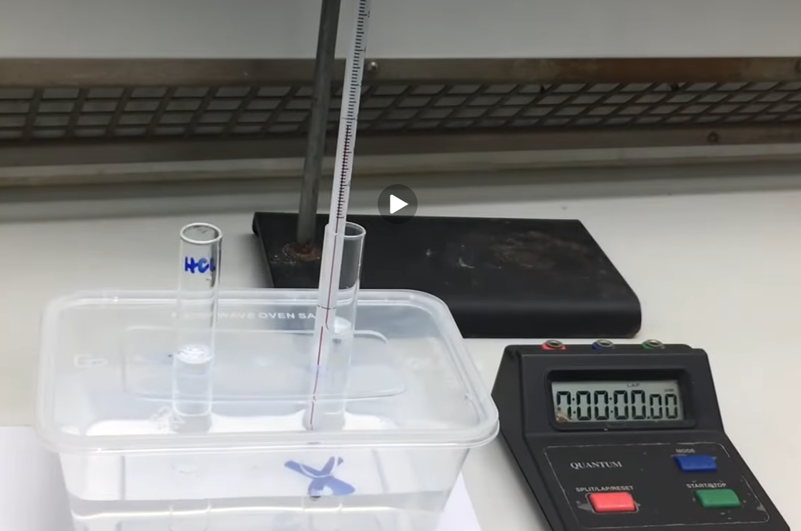 <ol><li><p>Add 10cm of 1.00 moldm<sup>-3</sup> HCl to the ‘acid’ tube &amp; place this tube into the hole of the plastic container, without the cross under it</p></li><li><p>Use a measuring cylinder to add 10cm of 0.05 moldm<sup>-3</sup> of sodium thiosulfate solution to the second tube. Place this tube into the hole of the plastic container with the cross under it &amp; carefully place a thermometer in this tube. Leave both test tubes for 3 minutes to equilibrate</p></li><li><p>Record the start temperature &amp; then add 1cm of HCl to the thiosulfate solution &amp; start timing</p></li><li><p>Look down through the tube from above &amp; record the time for the cross to disappear</p></li><li><p>Record the final temperature of the reaction mixture, then pour the cloudy contents of the tube into a sodium carbonate solution (prevents any toxic SO<sub>2</sub> gas being produced)</p></li><li><p>Add water from a kettle to the plastic container (no hotter than 55°C). Add cold water if necessary</p></li><li><p>Measure another 10cm of 0.05moldm<sup>-3</sup> sodium thiosulfate into a clean test tube &amp; insert into the correct hole in the plastic container. Leave the tubes to equilibrate to 3 minutes</p></li><li><p>Repeat to obtain results for at least 5 different temperatures</p></li></ol><p></p>