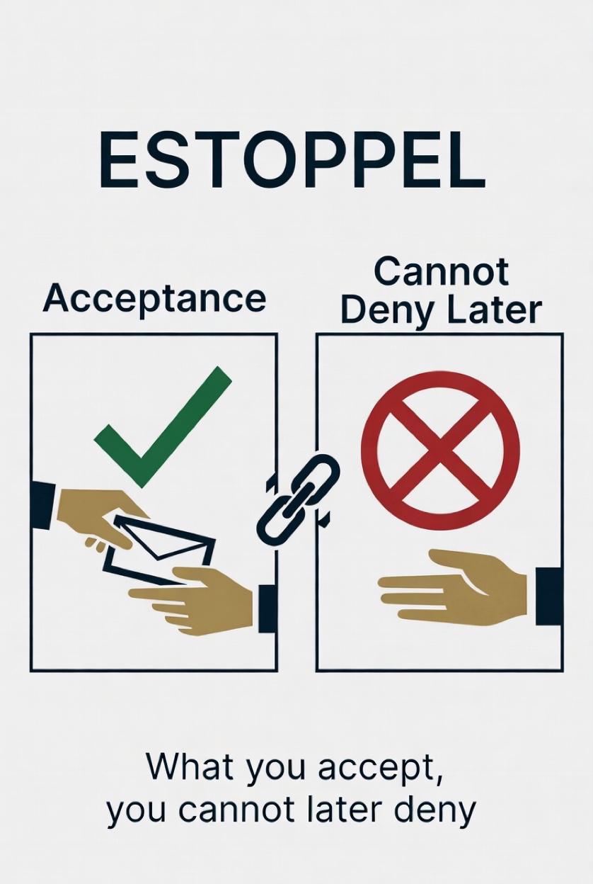 <p>Actions reasonably relied on by one party can’t be denied by the party that accepted same previously.</p><p>• e.g., if an insurer accepts late payments, they can’t cancel a policy for late payments later.</p>