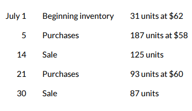<p>Suppose that Tamarisk has the following inventory data:</p><p></p><p>Assuming that a perpetual inventory system is used, what is ending inventory under the averagecost method for July?(Round intermediate calculationsto 3 decimal places, e.g. 12.531.)</p>