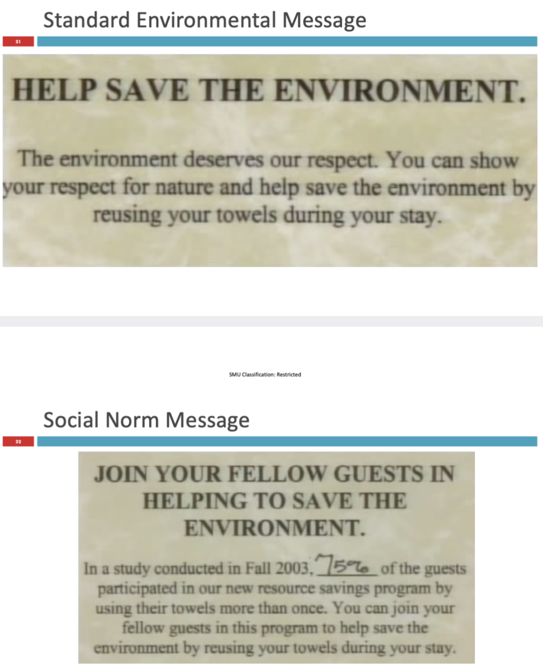 <p>What was the <strong>change in towel reuse rate</strong> when using a <u>social norm message</u> compared to a <u>standard environmental message</u>?</p>
