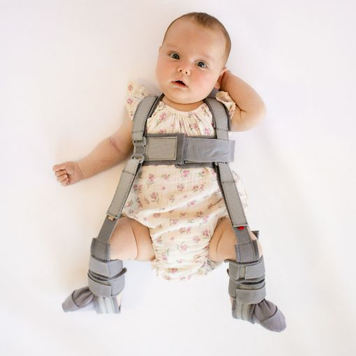 <p>used for early intervention tx of developmental hip dysplasia (0-6 months)</p><p>holds hips in maximum congruency (120 degrees flex, 40 degrees ABD)</p>