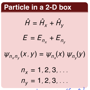 <p>for a particle in a 2D box - what is the Hamiltonian? is the separation of variables applicable? what is the energy? what is the wavefunction? how many quantum numbers?</p>