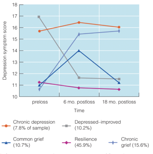 <p>most people were <strong>resilient</strong> during the death of a loved one; counters the belief that bereaved people must go through a period of significant stress</p><p><strong>equifinality</strong> and <strong>multifinality</strong></p>