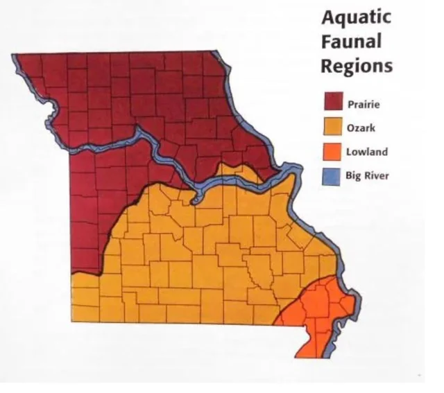 <ol><li><p>Ozarks</p></li><li><p>Praire</p></li><li><p>Lowland</p></li><li><p>Big River</p></li></ol><p></p>