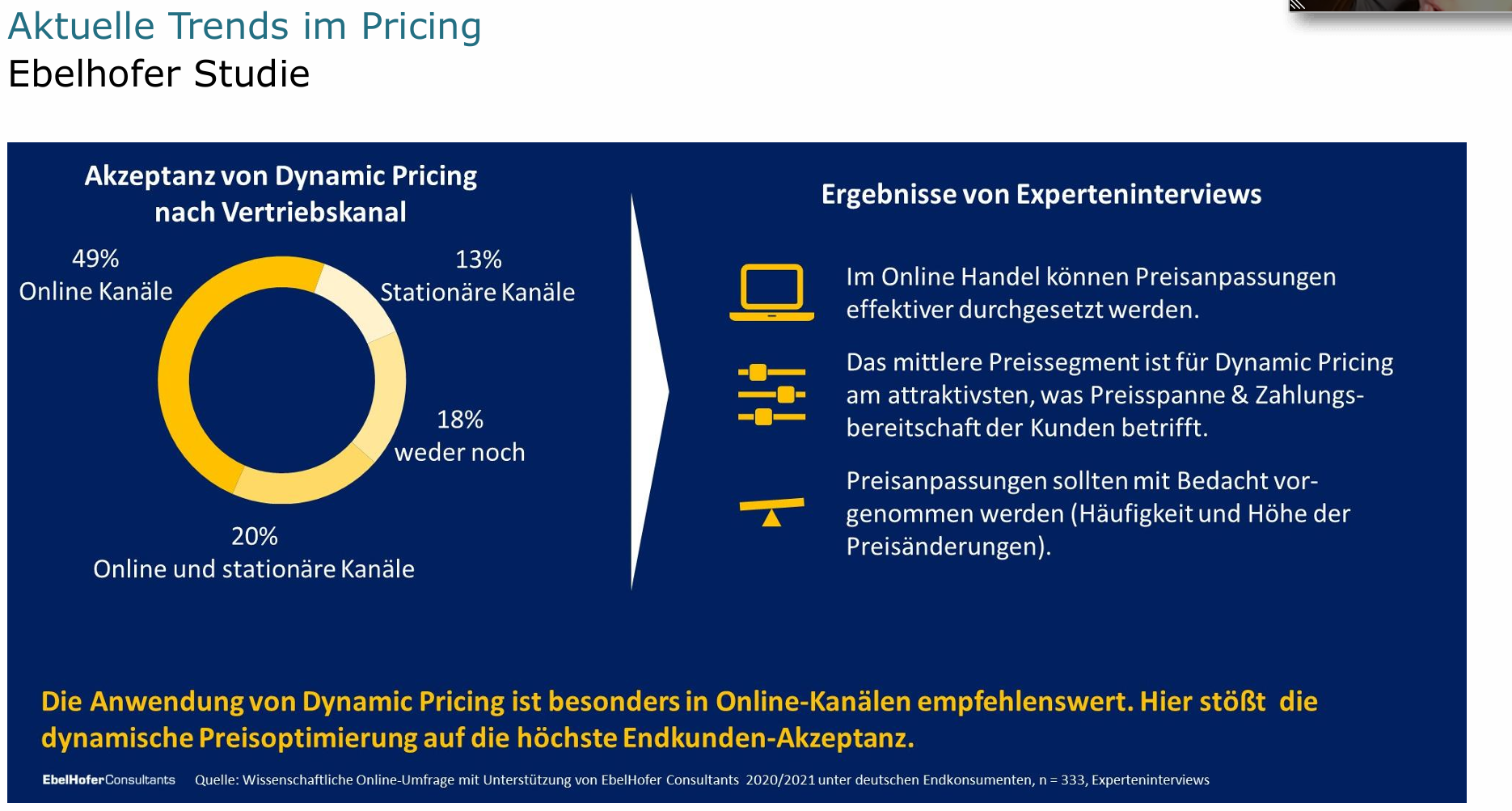 <p>41% der Endkonsumenten akzeptieren Dynamic Pricing.</p><p></p><p>Anpassungen wegen Jahreszeiten als Treiber der Akzeptanz. Häufige Anpassungen vermeiden wie Wöchentlich, Täglich, Stündlich oder Wetterbezogen.</p>