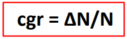 <p>change in<strong> population size (delta N) relative to initial population size (N)</strong></p><p>formula: <strong>cgr = delta N / N</strong></p><p>effective when <strong>comparing populations </strong>of different sizes (e.g. school vs. community)</p>