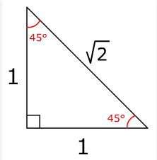 <p>the legs are equal, and the hypotenuse is the length of the legs times square root of 2</p>