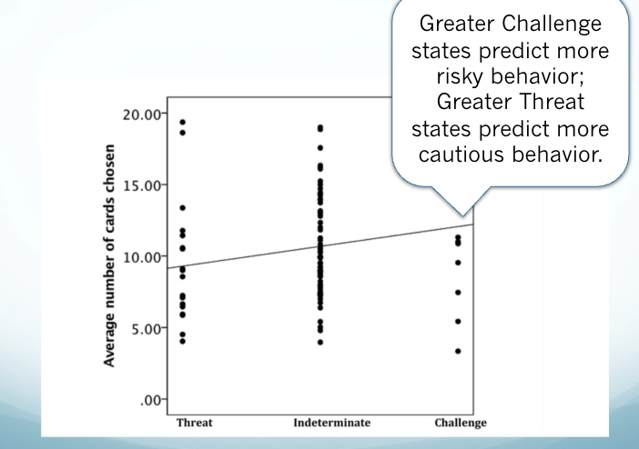 <ul><li><p><span style="background-color: transparent;">Greater Challenges states predict more risky behavior;</span></p></li><li><p><span style="background-color: transparent;">Greater Threat states predict more cautious behavior</span></p></li></ul><p></p>