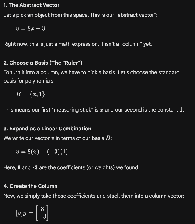 <p>make a choice of basis, expand the vector as a linear combination of basis elements, and make a column of the coefficients.</p>