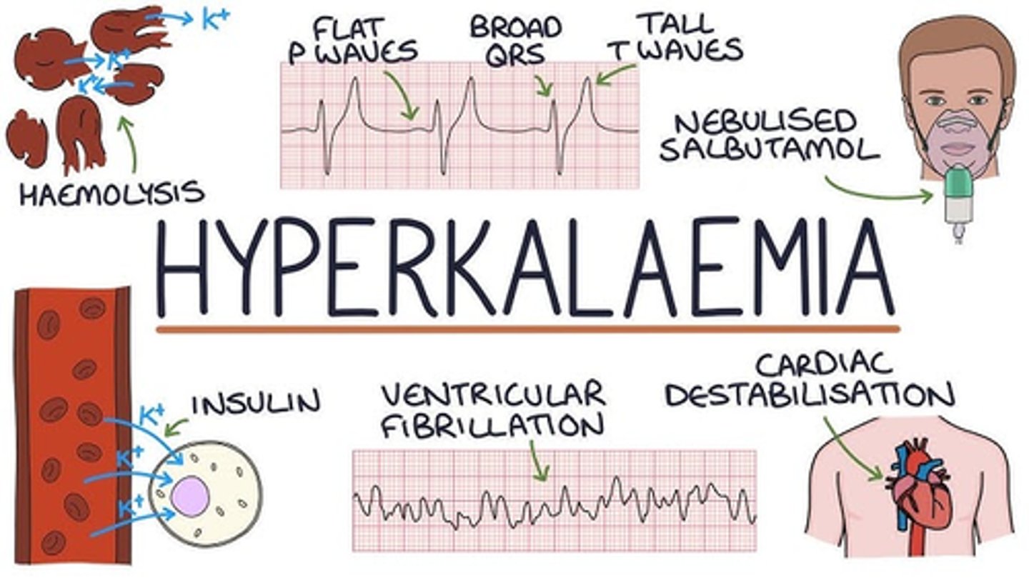 <p>B) Cardiac dysrhythmias, peaked T waves, prolonged QT, muscle weakness, flaccid paralysis, increased GI motility</p>