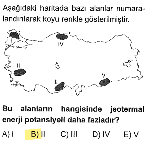 <p>Jeotermal enerji (sıcak su), kırıklı yer yapısının (fayların) olduğu yerde fazladır. Türkiye'de fay hattının ve kırıklı yapının en yoğun olduğu bölge <strong>Ege Bölgesi</strong> (II numara) olduğu için potansiyel burada zirvededir.</p>