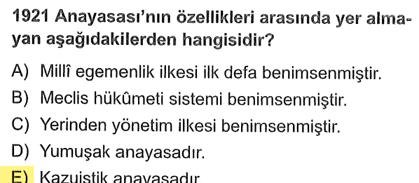 <p>1921 Anayasası çok kısa ve öz olduğu için "yumuşak" ve "çerçeve" bir anayasadır. <strong>Kazuistik (ayrıntılı)</strong> olanlar ise 1924, 1961 ve 1982 anayasalarıdır.</p>