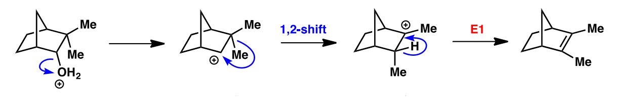 <p>An E1 1,2 alkyl shift to form a more stable carbocation, followed by deprotonation</p>