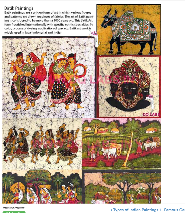 <p>various figures and patterns are drawn on pieces of fabrics. The art of Batik painting is considered to be more than a 1000 years old. Flourished internationally with specific ethnic specialities, in color, process of dyeing, application of wax, etc. Batik artwork is widely used in Indonesia and India. </p>