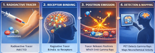 <ul><li><p><span>Radiotracer is injected into blood stream</span></p></li><li><p><span>Crosses blood brain barriers</span></p></li><li><p><span>Binds to specific receptors</span></p></li><li><p><span>PET scanner detects positron emissions</span></p></li><li><p><span>Signal reflects binding potential (BP)</span></p></li></ul><p></p>