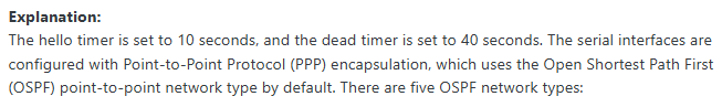 <p><span>The hello timer is set to 10 seconds, and the dead timer is set to 40 seconds</span></p>