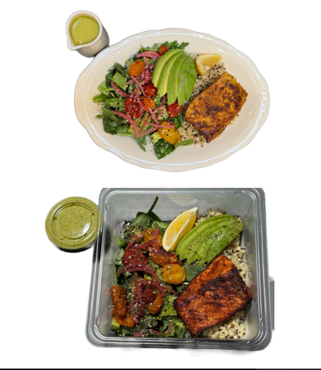 <p>Pan-seared salmon seasoned with our blackening spices, organic brown rice and quinoa blend, arugula and spinach salad, and topped with cucumber and snap peas that comes pre-tossed with our green goddess dressing and everything bagel seasoning, roasted cherry tomatoes, pickled onions, and avocado, served with a side of our lemon pesto vinaigrette.</p><p>Protein Options: Blackened Salmon (Rec.), Pan-Seared Salmon. Extra salmon $4.75</p><p>Sauce options: Lemon Pesto Vinaigrette (Rec.), Herby Aioli, Salsa Verde</p><p>Modification options: ● No Avocado ● No Pickled Red Onions</p><p>Allergens: Fish, Seeds (poppy), Sesame, Soy (in the side sauce)</p>