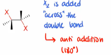 <p>anti addition (180) when given possibility to be trans. <br>if not, racemix mixture</p>