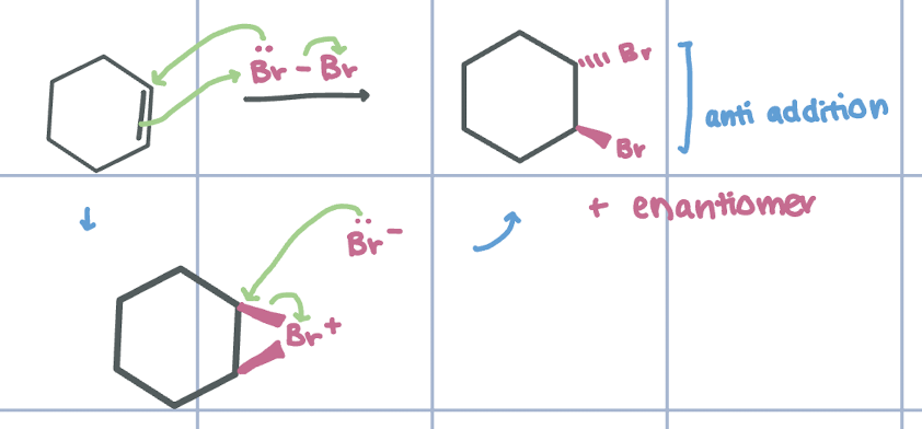 <p>Halogenation - adds 2 X in anti addition</p>