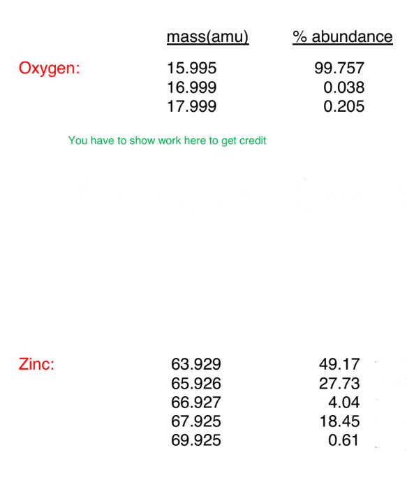 <p>Use the following formula to calculate these atomic masses</p><ul><li><p>A.M. = ((mass #)<sub>#1</sub> x %/100) + ((mass #)<sub>#2</sub> x %/100) + etc........</p></li></ul><p></p>