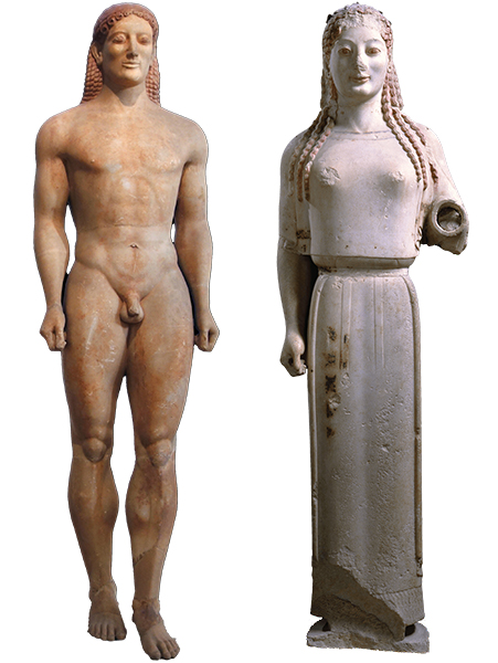 <p>Archaic Greek statues of clothed females and nude males</p>