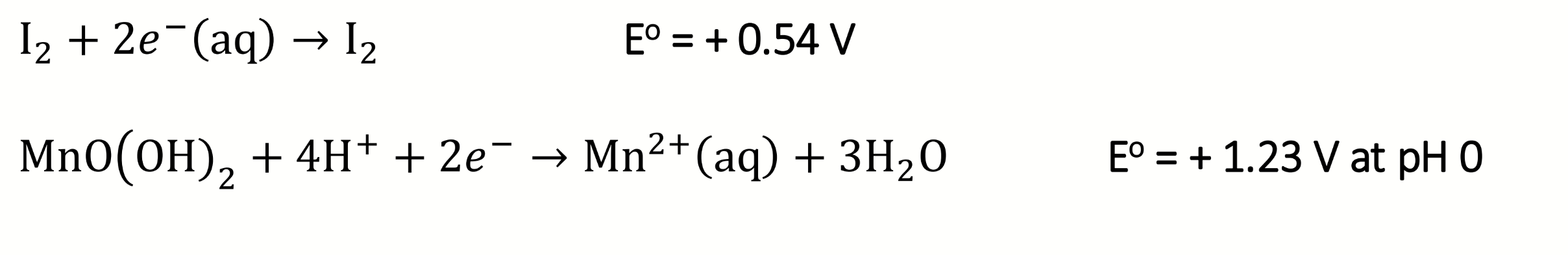 <p>calculate the E°<sub>cell</sub> values at pH 0 and pH 10</p><p>E° for Mn(IV)/Mn(II) at pH 0 is +0.2V</p>