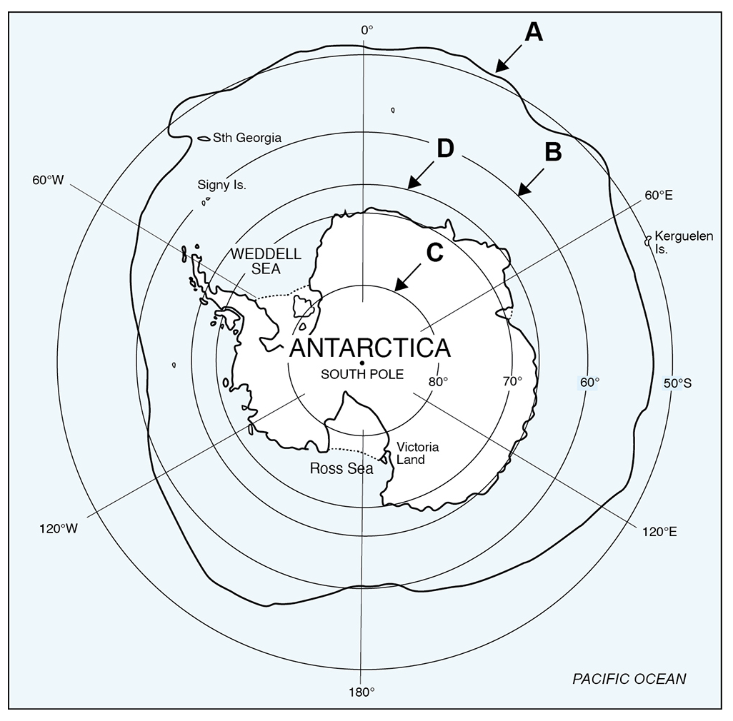 <p>on the polar map (lines a/b/c/d), the line representing the antarctic convergence/polar front is: a) line a b) line b c) line c d) line d</p>